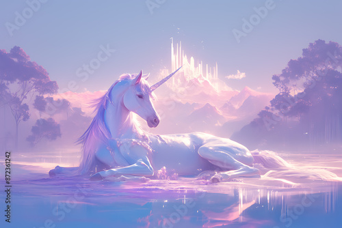 A majestic unicorn standing gracefully, with a shimmering horn and flowing mane, symbolizing purity and magic photo
