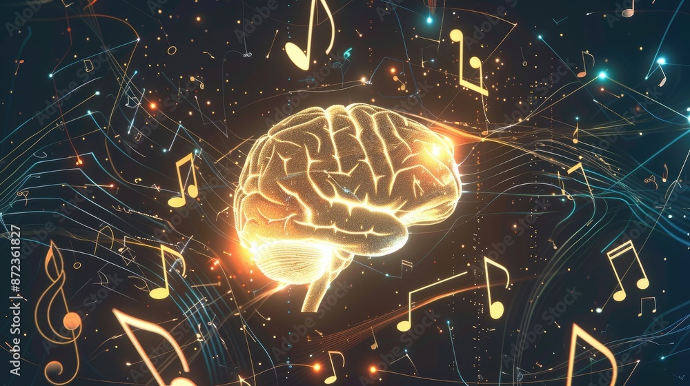 Brain Surrounded by Musical Elements on Abstract Dark Background Brain Surrounded by Musical Elements on Abstract Dark Background