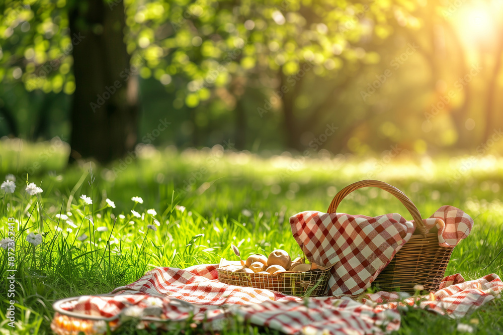 Perfect Picnic: Set Up in a Meadow with Checkered Blanket and Baskets Perfect Picnic: Set Up in a Meadow with Checkered Blanket and Baskets
