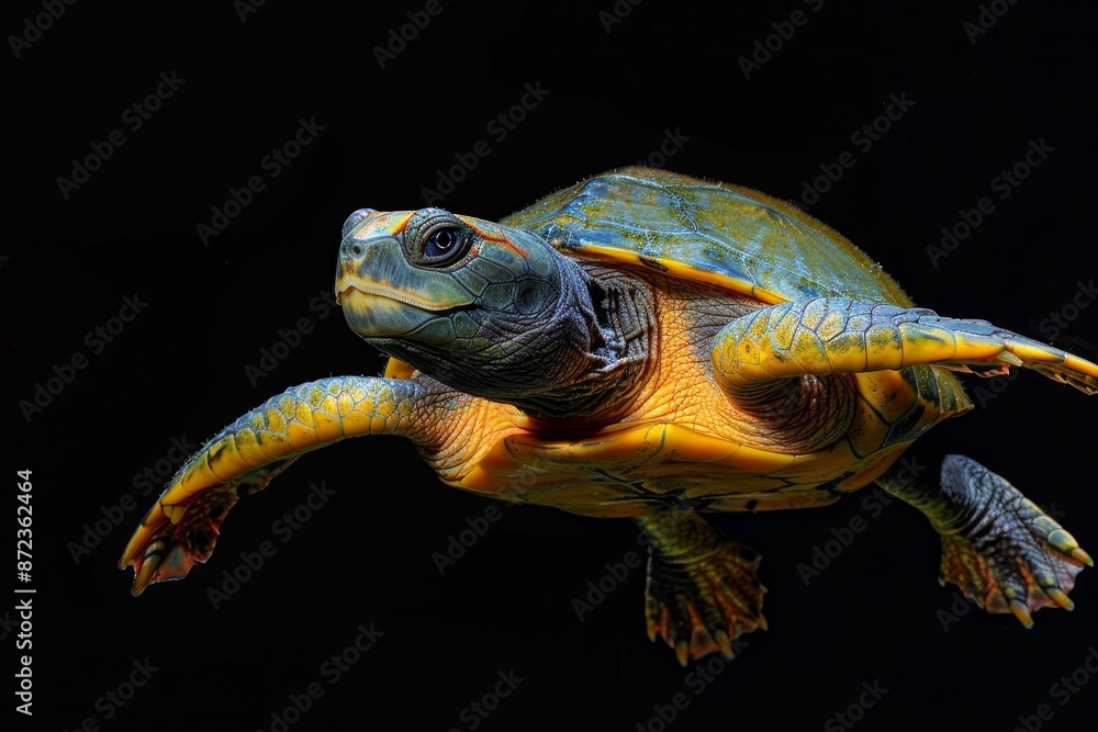 Mystic portrait of Australian Flatback Turtle, full body view, isolated on black background