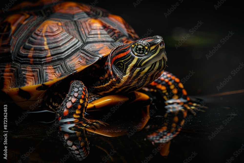 Mystic portrait of Eastern Box Turtle, full body view, isolated on black background Mystic portrait of Eastern Box Turtle, full body view, isolated on black background