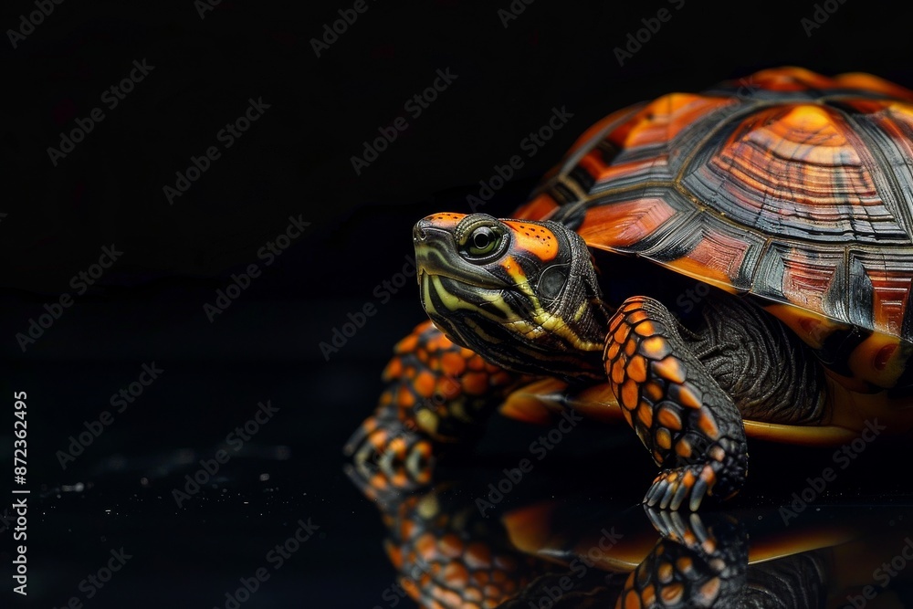 Obraz premium Mystic portrait of Eastern Box Turtle, full body view, isolated on black background
