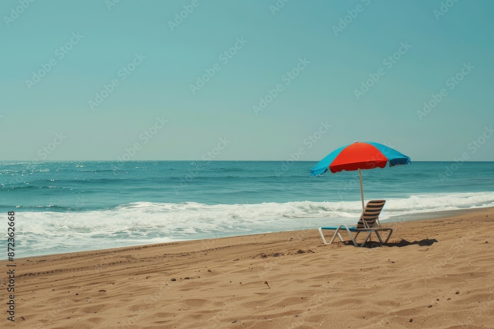 A serene and peaceful beach setting featuring an empty chair under a colorful umbrella, positioned near the edge of the water with clear skies and calm waves. A serene and peaceful beach setting featuring an empty chair under a colorful umbrella, positioned near the edge of the water with clear skies and calm waves.