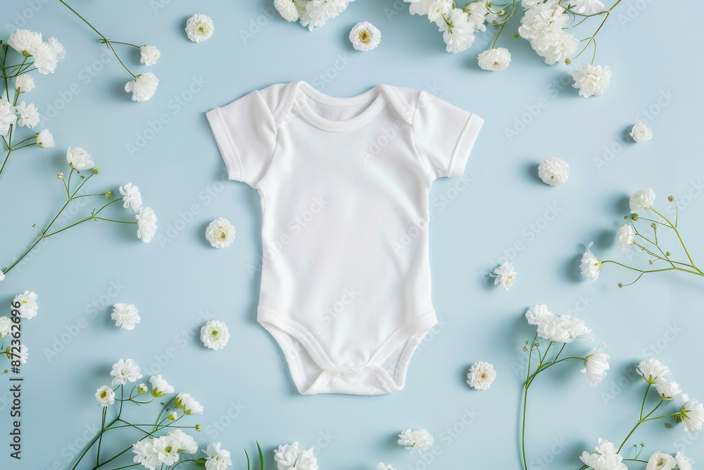 White baby onesie on a light blue background surrounded by delicate white flowers. Minimalist newborn clothing concept with floral decoration White baby onesie on a light blue background surrounded by delicate white flowers. Minimalist newborn clothing concept with floral decoration
