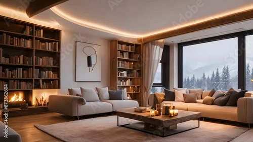 Wallpaper Mural Modern Living Room with White Walls, Fireplace, Bookshelves Torontodigital.ca