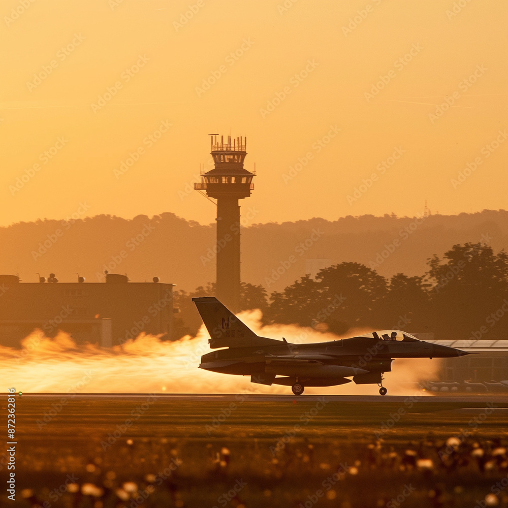 Military Might: Fighter Jet Roaring Off from an Airbase Military Might: Fighter Jet Roaring Off from an Airbase