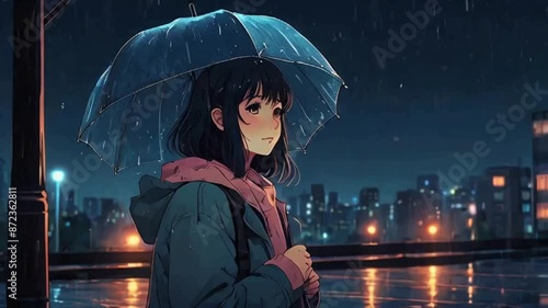 Anime Girl Walking in the Rain with Umbrella and Backpack