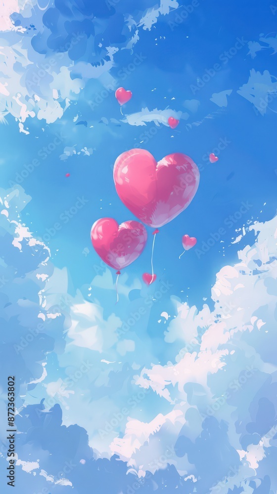 Pink heart balloons floating in a blue sky with fluffy white clouds Pink heart balloons floating in a blue sky with fluffy white clouds