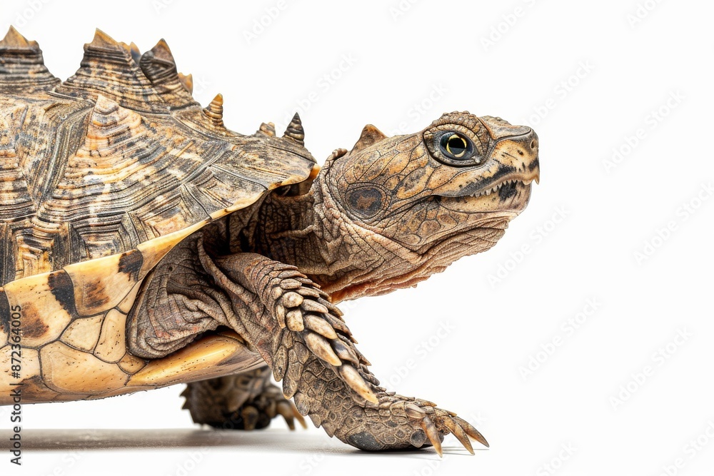 Obraz premium the beside view Alligator Snapping Turtle, left side view, white copy space on right, dutch angle view, isolated on white background