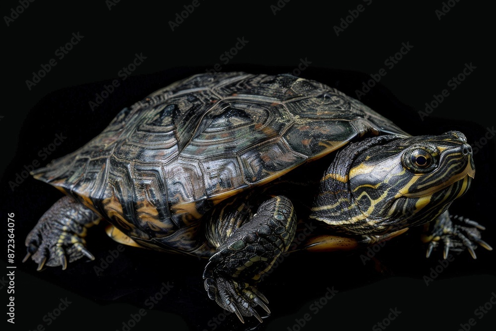 the beside view Arrau Turtle, left side view, white copy space on right, isolated on black background the beside view Arrau Turtle, left side view, white copy space on right, isolated on black background