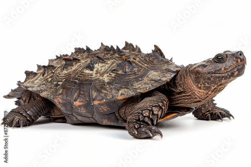 the beside view Alligator Snapping Turtle, left side view, white copy space on right, dutch angle view, isolated on white background