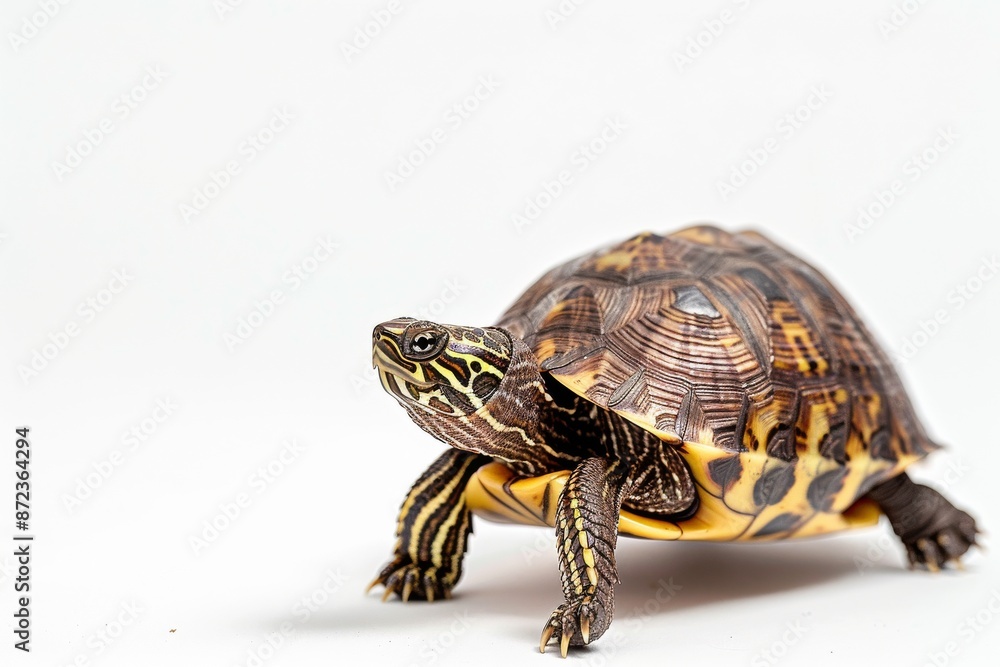 the beside view Eastern Box Turtle, left side view, white copy space on right, dutch angle view, isolated on white background the beside view Eastern Box Turtle, left side view, white copy space on right, dutch angle view, isolated on white background