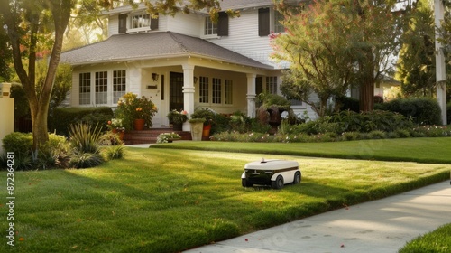 A robotic lawnmower mows a green lawn in front of a white house in a suburban neighborhood. © Prostock-studio