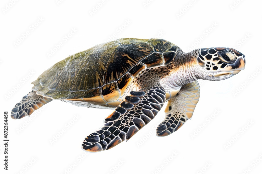 Fototapeta premium the beside view Flatback Sea Turtle, left side view, white copy space on right, dutch angle view, isolated on white background