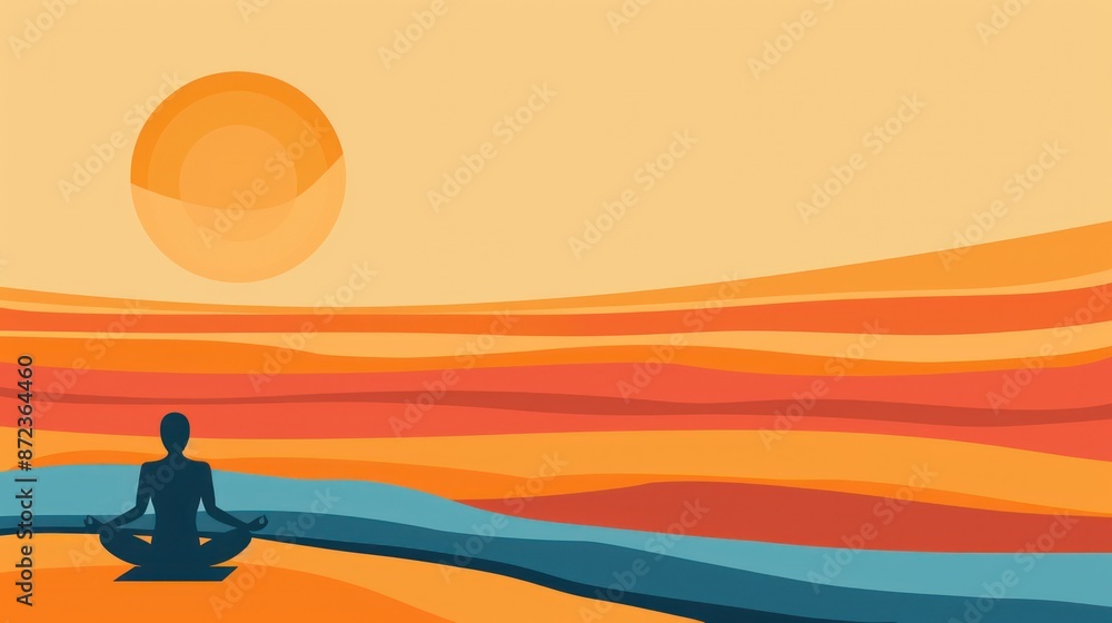 Silhouette in meditation at sunrise in abstract colorful landscape art Silhouette in meditation at sunrise in abstract colorful landscape art