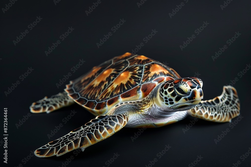 Fototapeta premium the beside view Flatback Sea Turtle, left side view, white copy space on right, isolated on black background