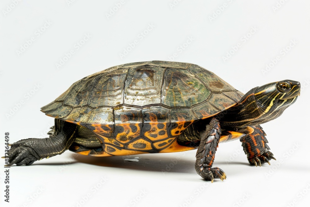 Obraz premium the beside view European Pond Turtle, left side view, white copy space on right, dutch angle view, isolated on white background