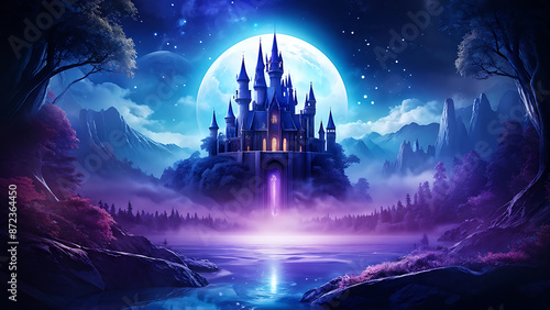 A magical castle bathed in moonlight with a mystical aura.