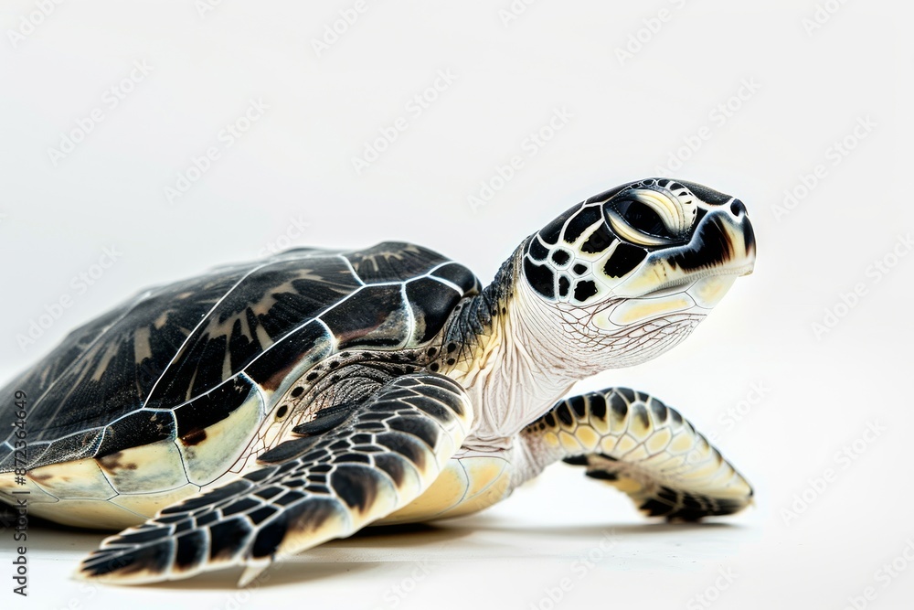 Fototapeta premium the beside view Flatback Turtle, left side view, white copy space on right, dutch angle view, isolated on white background