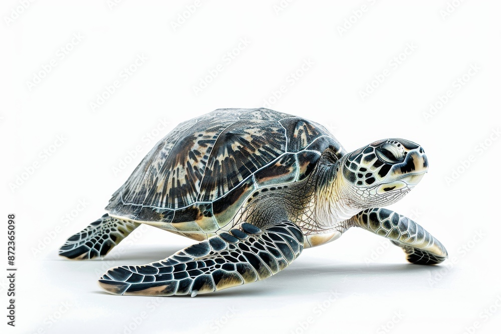 Fototapeta premium the beside view Green Sea Turtle, left side view, white copy space on right, dutch angle view, isolated on white background