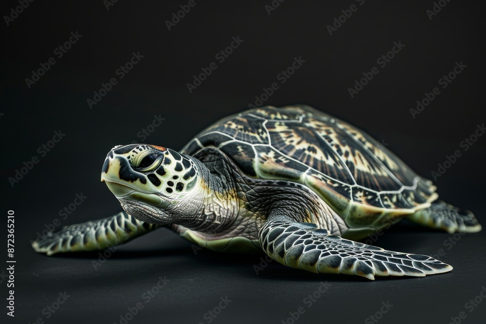 Fototapeta premium the beside view Green Sea Turtle, left side view, white copy space on right, isolated on black background