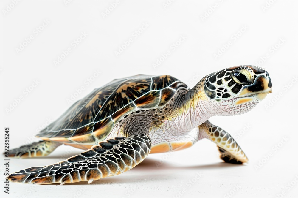 Obraz premium the beside view Green Sea Turtle, left side view, white copy space on right, dutch angle view, isolated on white background