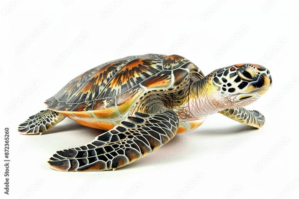 Fototapeta premium the beside view Green Sea Turtle, left side view, white copy space on right, dutch angle view, isolated on white background
