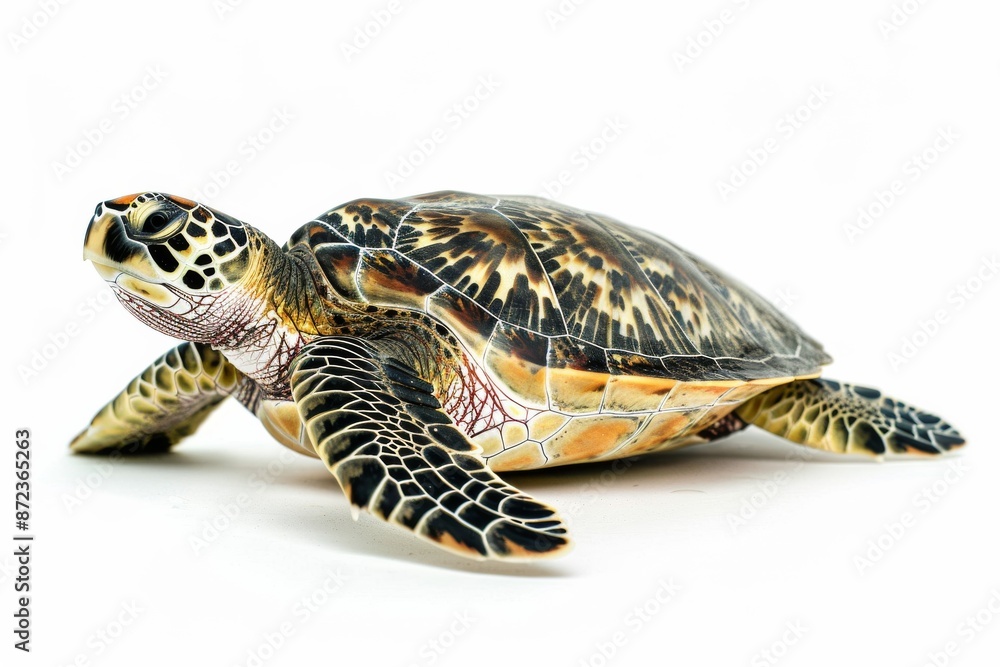 Obraz premium the beside view Green Sea Turtle, left side view, white copy space on right, dutch angle view, isolated on white background