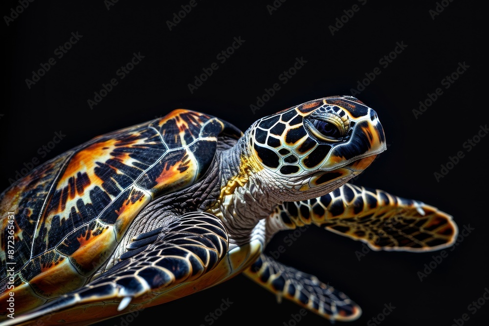 Obraz premium the beside view Hawksbill Turtle, left side view, white copy space on right, isolated on black background