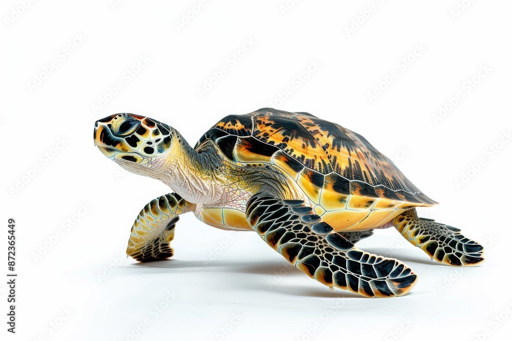 Fototapeta premium the beside view Hawksbill Turtle, left side view, white copy space on right, dutch angle view, isolated on white background