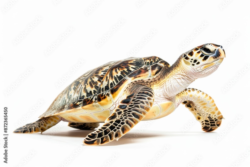 Obraz premium the beside view Hawksbill Turtle, left side view, white copy space on right, dutch angle view, isolated on white background