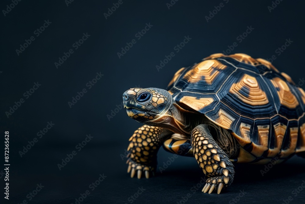Obraz premium the beside view Indian Star Tortoise, left side view, white copy space on right, isolated on black background