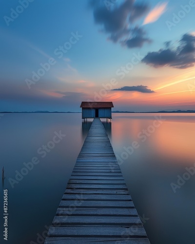 a dock with a small hut on it © Aliaksandr Siamko