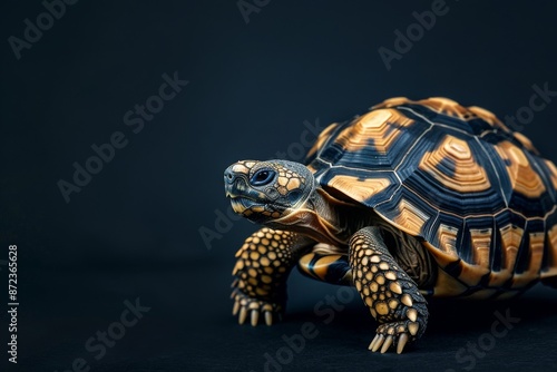 the beside view Indian Star Tortoise, left side view, white copy space on right, isolated on black background