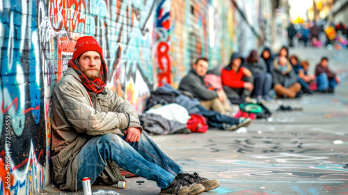 Young man sitting on pavement in poor city area, crowd of drug addicts hanging out nearby photo