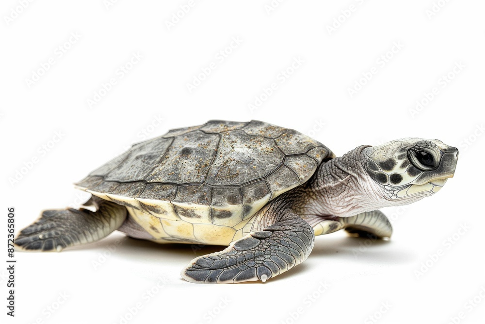 Obraz premium the beside view Kemp's Ridley Turtle, left side view, white copy space on right, dutch angle view, isolated on white background