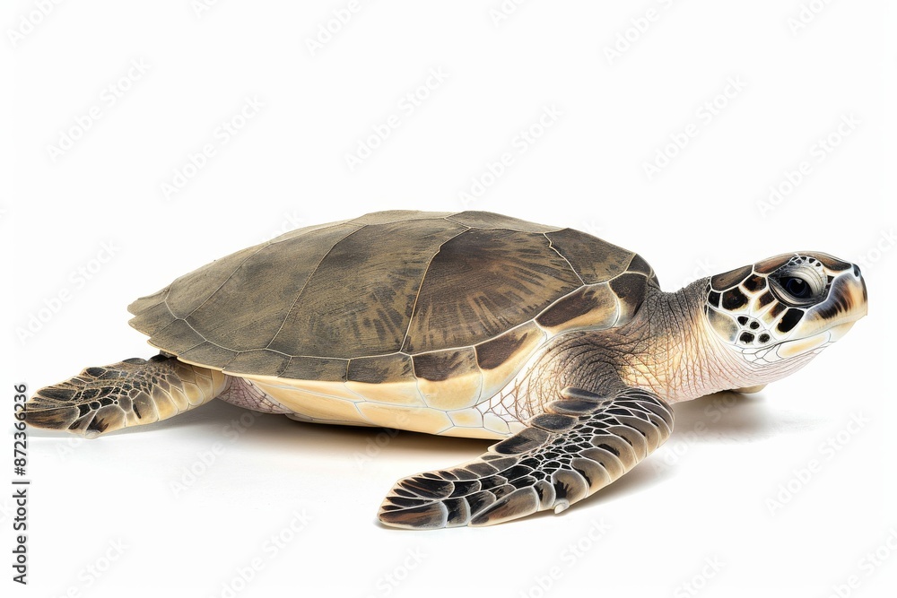 Obraz premium the beside view Olive Ridley Sea Turtle, left side view, white copy space on right, dutch angle view, isolated on white background