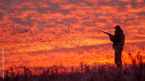 A silhouette of a hunter dressed in camouflage gear aiming at a flock of ducks flying across an intensely colored sunset sky.
