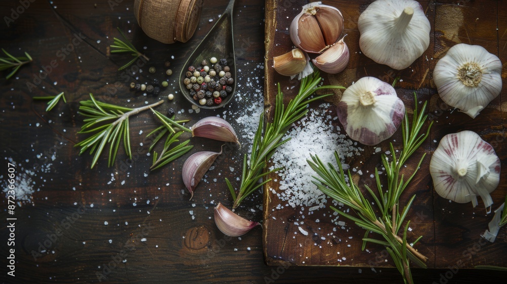 Garlic and Rosemary on Wooden Board Garlic and Rosemary on Wooden Board