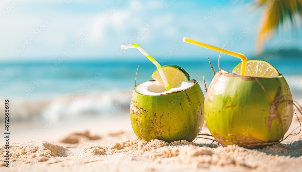 Refreshing Coconut Drinks with Citrus on a Tropical Beach