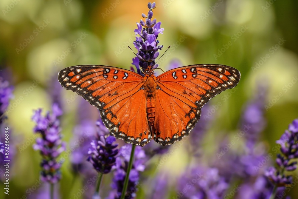A bright orange butterfly with detailed markings resting on vibrant purple lavender flowers, showcasing the natural beauty and contrast of colors in a lush garden setting. A bright orange butterfly with detailed markings resting on vibrant purple lavender flowers, showcasing the natural beauty and contrast of colors in a lush garden setting.
