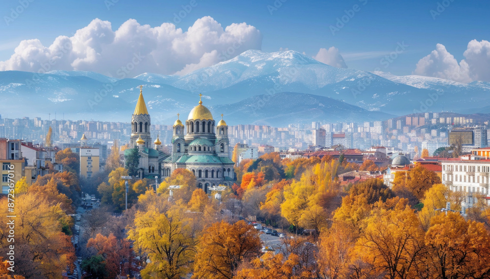 Fototapeta premium An aerial view of a city during autumn with mountains in the backdrop under a cloudy sky