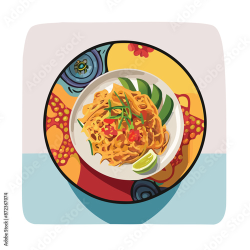 Vector Illustration of Pad Thai on a Colourful Scene