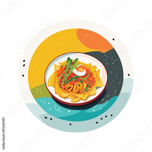 Vector Illustration of Pad Thai on a Colourful Scene