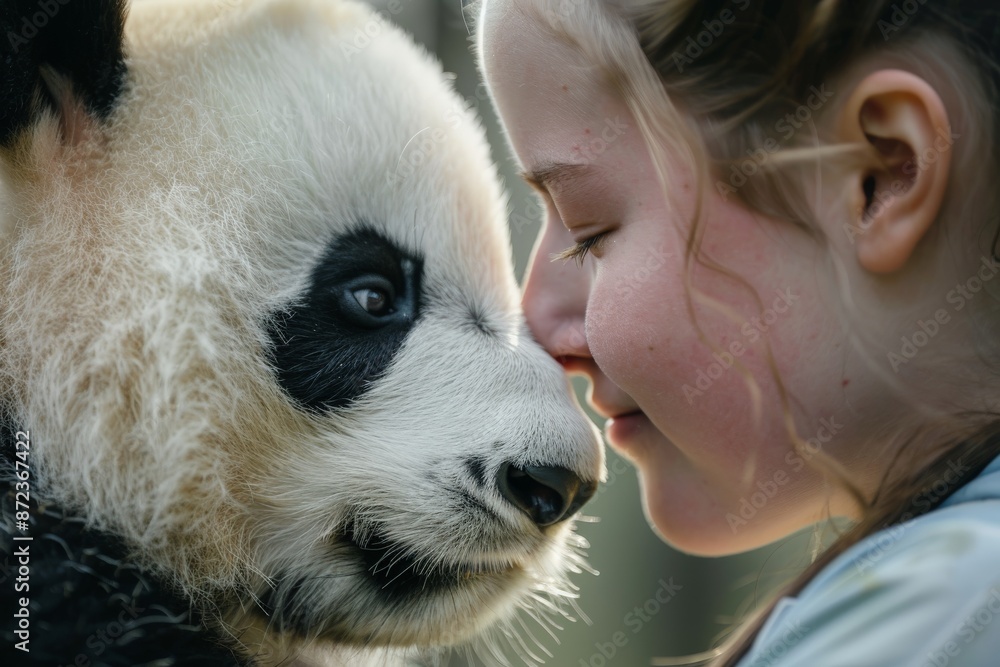 Fototapeta premium A closeup image of a girl and a baby panda gazing into each other's eyes, showcasing the striking connection and mutual curiosity between a child and an animal.