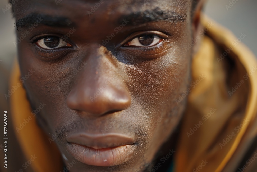 Obraz premium An intense, close-up portrait of a young man with a serious expression, gazing straight into the camera, highlighting his determination and focus.