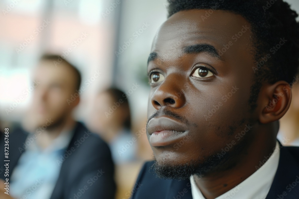 A close-up image of a young man focusing intently and listening attentively during a business meeting, showcasing professionalism and concentration. A close-up image of a young man focusing intently and listening attentively during a business meeting, showcasing professionalism and concentration.