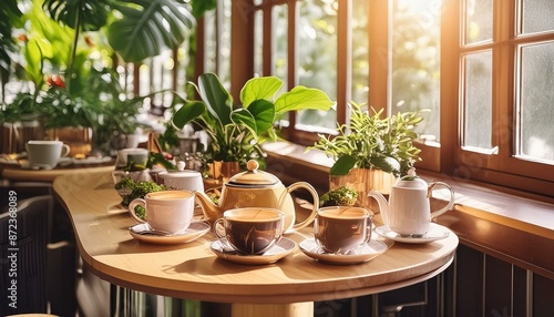 Afternoon tea sets. Table and chairs in restaurant