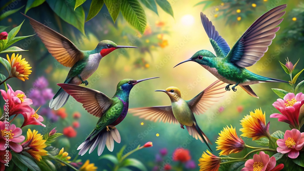 Fototapeta premium Colorful humming bird are flying near flowers and pecking at water droplets falling from beautiful wild flowers pollen.