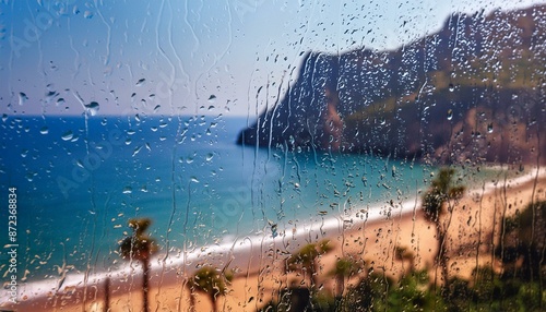Seaside, cliff, rainy day. A view through the window